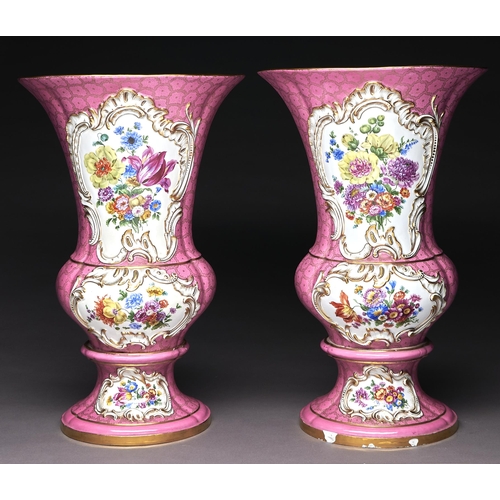 225 - A pair of Meissen campana shaped vases, c1840, painted with panels of 18th c courtship or flowers in... 