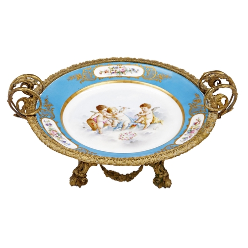 230 - A French gilt lacquered brass mounted porcelain dish, c1860, the Sevres style dish painted by G Levy... 