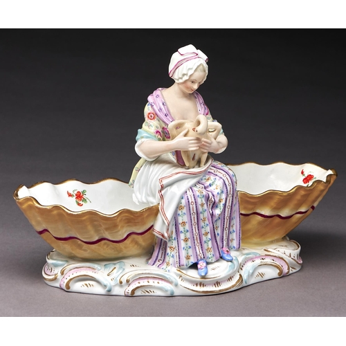 233 - A Meissen figural double shell sweetmeat stand, mid 19th c, set with the seated figure of a woman ho... 