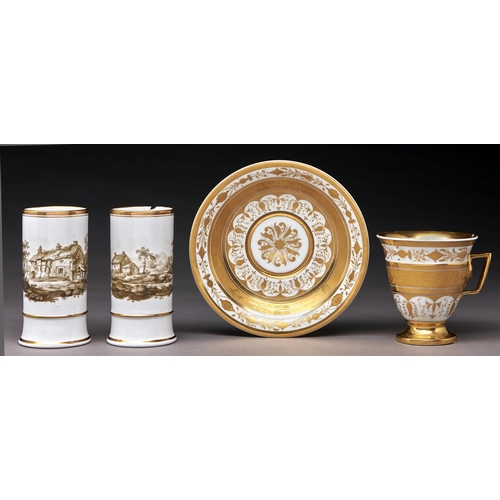 235 - A pair of Spode bone china spill vases, c1820, painted in sepia monochrome with cottages in landscap... 