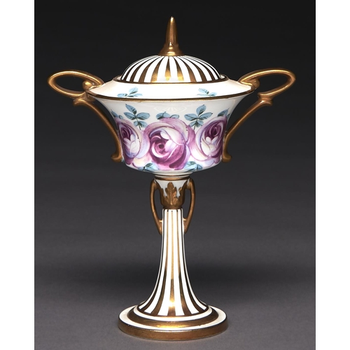 238 - A Minton bone china vase and cover, c1920, the campana bowl painted with purple roses, striped gilt ... 