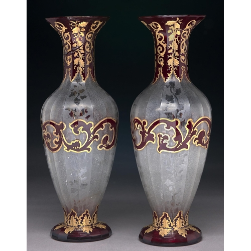 257 - A pair of French or Bohemian ruby flashed gilt and etched glass vases, c1850, 31.5cm h... 