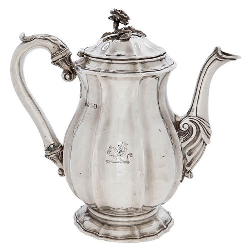 264 - Paul Storr. A George IV silver coffee pot, lobed baluster, the domed lid with rose knop, crested, 22... 