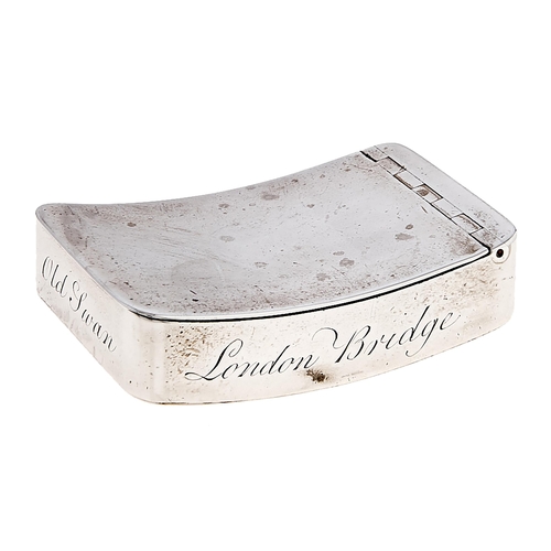 266 - A George III silver snuff box, of plain curved oblong shape with integral joint, the sides engraved ... 