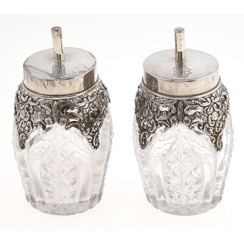 275 - A pair of Edwardian silver mounted cut glass gum pots and covers, 10cm h, maker's mark rubbed, Birmi... 