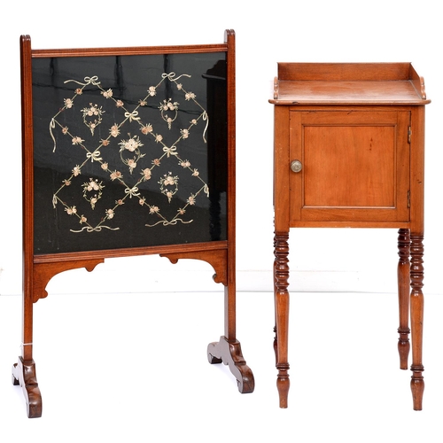 408 - A Victorian mahogany pot cupboard, on turned legs, 82cm h; 38 x 38cm and a firescreen with embroider... 