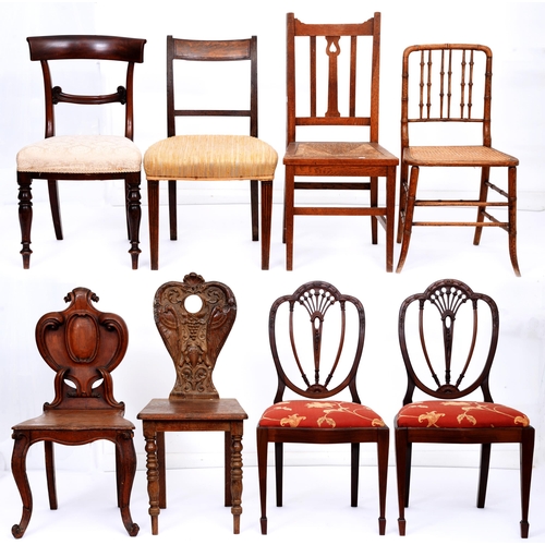 420 - A Northern European carved oak chair, 19th c, with pierced back and solid seat, a Victorian mahogany... 