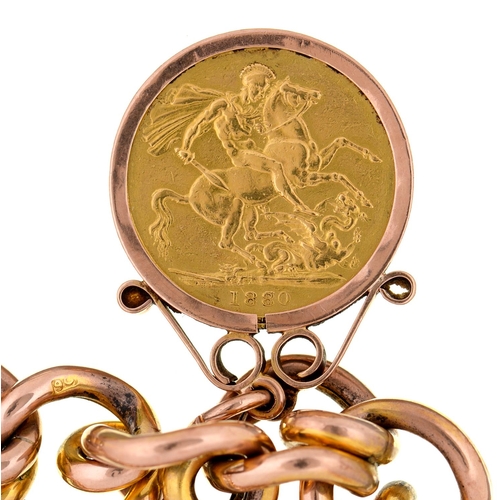 550 - Gold coin. Sovereign 1880, mounted on a gold bracelet with gold padlock, 18cm l, marked 9c, 32g... 