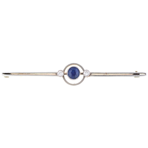 587 - A sapphire and diamond bar brooch, c1920, in gold, 58mm l, 3.4g