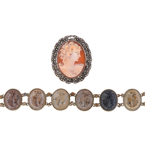 592 - A lava cameo bracelet, 19th c, mounted in silver coloured metal, 18.5cm l and a cameo brooch in silv... 