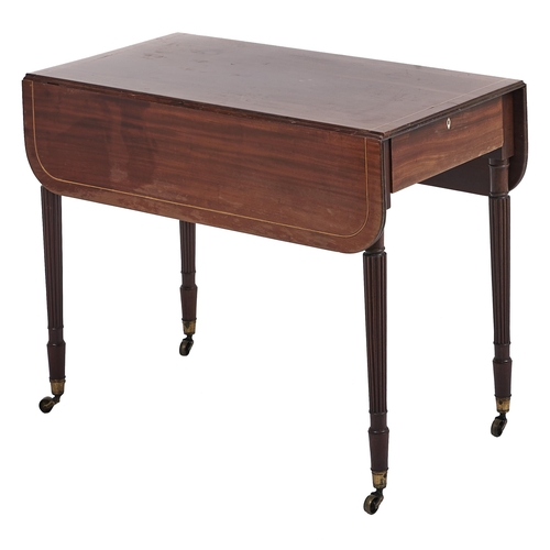 66 - A George IV mahogany Pembroke table, the top line inlaid and fitted with a drawer, on reeded taperin... 