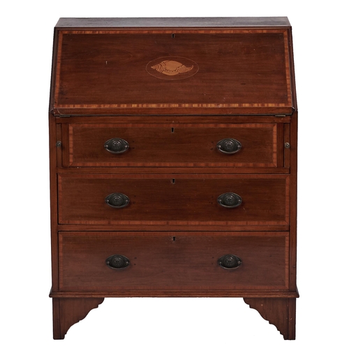 71 - An Edwardian mahogany bureau, crossbanded in satinwood, the back with shell patera, 96cm h; 42 x 76c... 