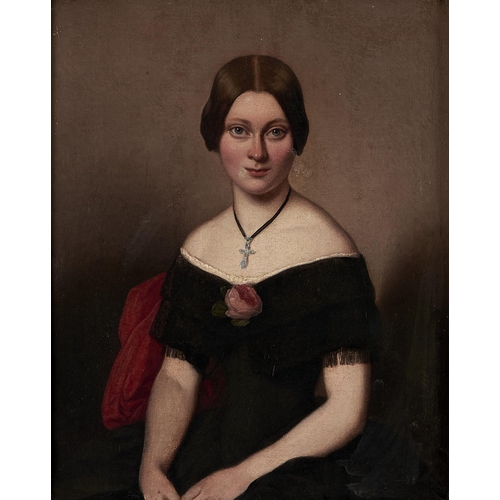 86 - English School, 1850 - Portrait of Joanna Philips, seated three quarter length in a black dress with... 