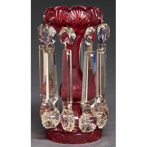 993 - A Victorian cut cranberry glass lustre, with prismatic cut drops and pendants, 21.5cm h... 