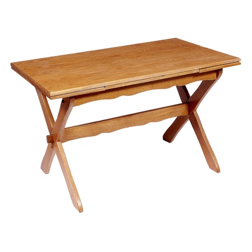 1363 - An oak draw leaf table, on X-frame joined by a stretcher, top 120cm x 74cm