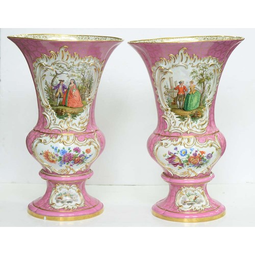 225 - A pair of Meissen campana shaped vases, c1840, painted with panels of 18th c courtship or flowers in... 