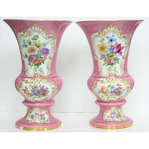 225 - A pair of Meissen campana shaped vases, c1840, painted with panels of 18th c courtship or flowers in... 