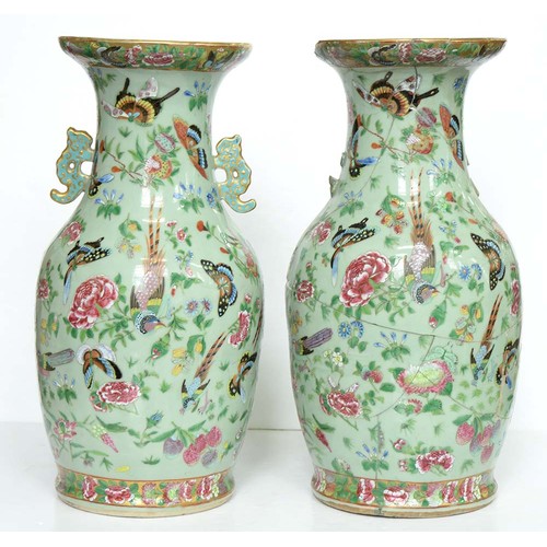 226 - A pair of Chinese Canton famille rose celadon ground vases, mid 19th c, enamelled with colourful bir... 