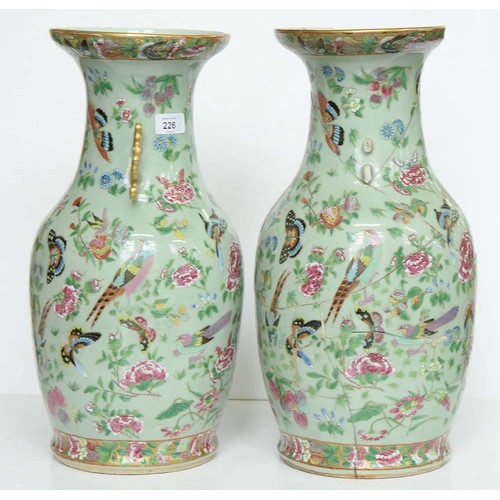 226 - A pair of Chinese Canton famille rose celadon ground vases, mid 19th c, enamelled with colourful bir... 