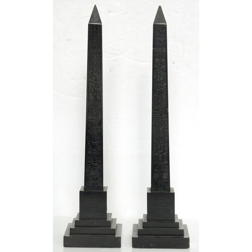 176 - A pair of Victorian etched Derbyshire slate (Ashford black marble) models of Cleopatra's needle, c18... 