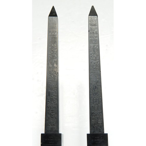 176 - A pair of Victorian etched Derbyshire slate (Ashford black marble) models of Cleopatra's needle, c18... 