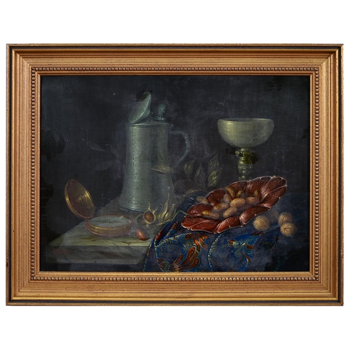 737 - 20th c School - Still Life with Nuts,  a Tankard and Gold Watch on a Cloth Covered Marble Ledge, wit... 