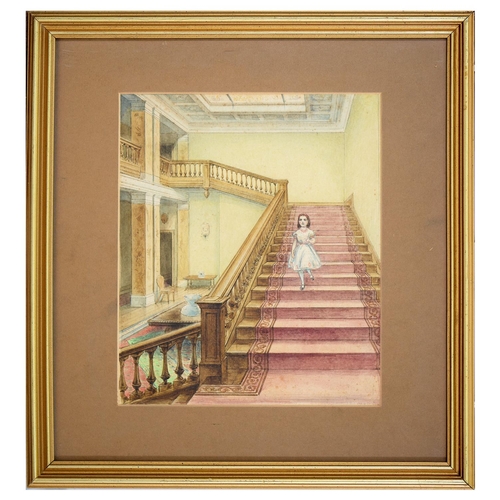 738 - English School, late 19th c - Interior with a Young Girl on a Staircase, inscribed verso Duckham, pe... 