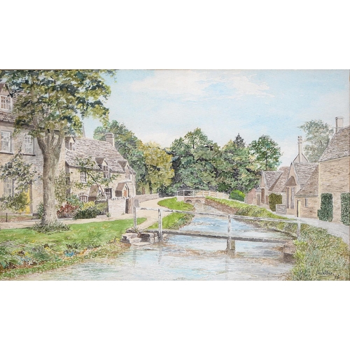 756 - H Weller (20th c) - Lower Slaughter, signed and dated '75, watercolour, 21.5 x 36cm and two prints (... 