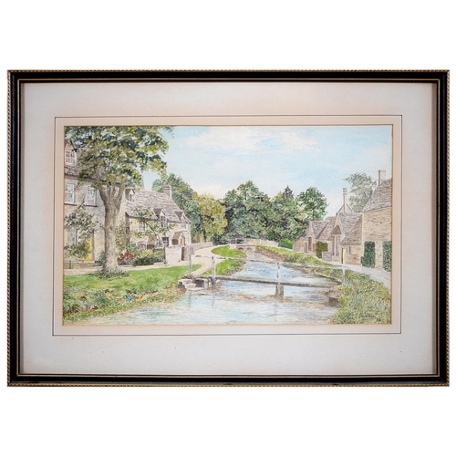 756 - H Weller (20th c) - Lower Slaughter, signed and dated '75, watercolour, 21.5 x 36cm and two prints (... 