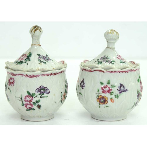 283 - A pair of Chinese export porcelain famille rose artichoke custard cups and covers, c1770, painted wi... 