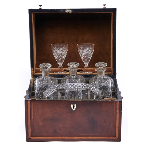 404 - A Victorian mahogany, satinwood and ebony line inlaid decanter case, the fitted interior with set of... 