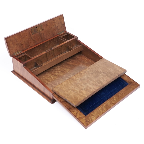 438 - A French kingwood writing box, c1860,  with quarter veneered slope and lid outlined with wire s... 