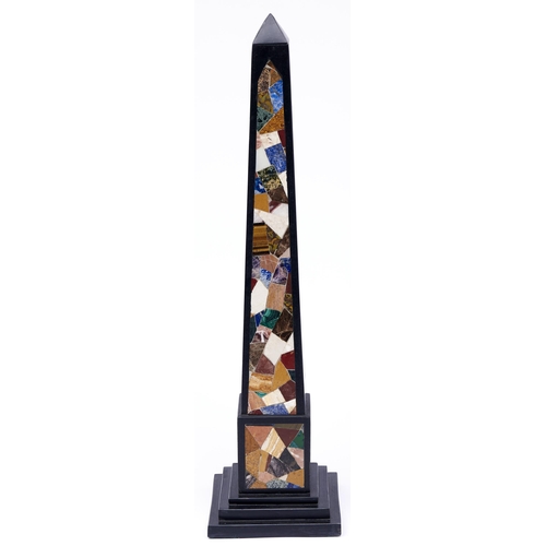 470 - A slate and hardstone-inlaid obelisk, circa late 20th c, in 19th c style, on stepped square base, 65... 