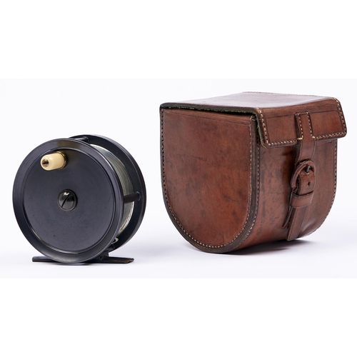 480 - Fly fishing. An alloy 4 inch salmon reel, J Bernard & Son, London, c1930, leather case... 