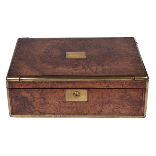 486 - A Victorian brass mounted walnut writing box, the fitted interior with gilt tooled navy writing surf... 