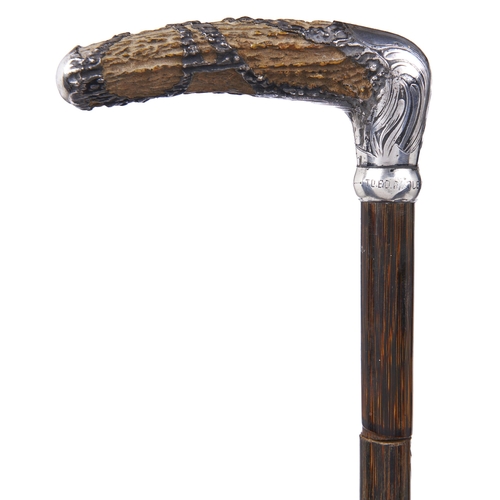 494 - An American art nouveau silver and antler handled bamboo cane, c1907,  inscribed TO ED. RIDLEY FROM ... 