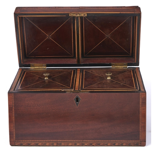 504 - A Regency mahogany tea chest, crossbanded in rosewood with chevron stringing, the divided interior r... 