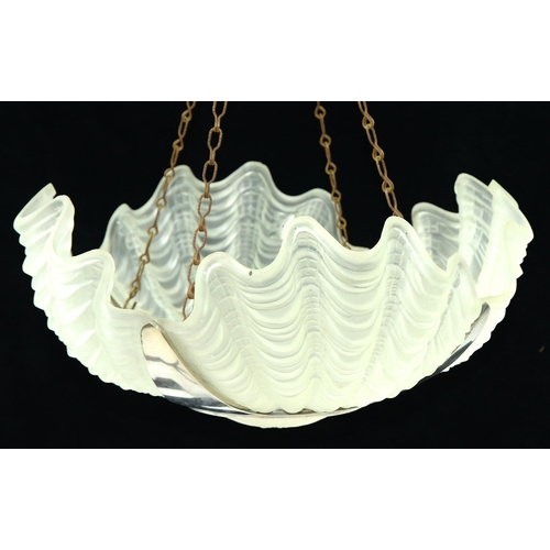 510 - An art deco chromium plated steel and frosted glass quadruple shell hanging lamp bowl, c1940, 42cm d... 