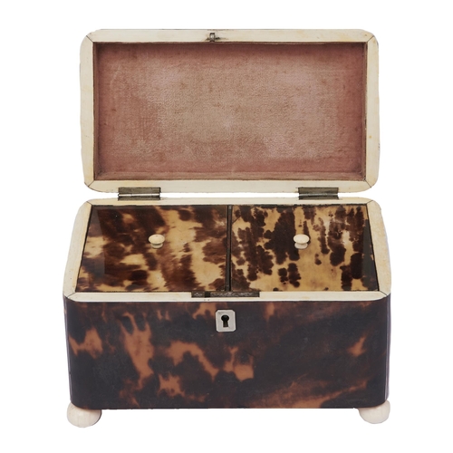 523 - A Victorian tortoiseshell tea caddy, with silver escutcheon and tablet, wire stringing and ivory fee... 