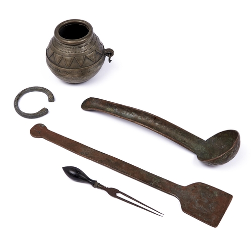 530 - A South American mate pot, 10cm h, a beaten copper ladle and three other metal articles, all late 19... 