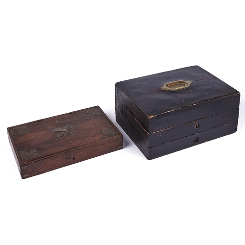 533 - A Victorian writing box, formerly leather covered with fitted interior and folding slope, 36cm l and... 