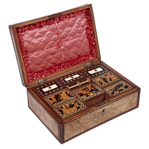 534 - A maple and lozenge-line inlaid box, 19th c, the tray to the interior divided into compartments with... 