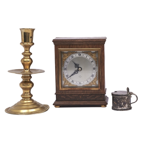 540 - A Dutch brass heemskirk candlestick, 19th c,  20cm h, an Elliott oak mantel timepiece and a sil... 