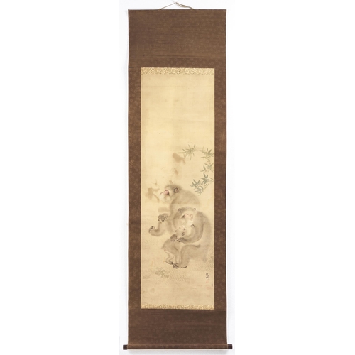 544 - Chinese School, late 19th / early 20th c - Scroll painting of a family of apes beneath bamboo frond,... 