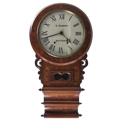 548 - A Victorian walnut and inlaid trunk dial wall clock, S Sharpe Retford, with painted dial, 79cm h... 