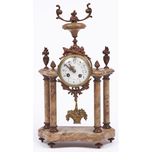 551 - A French ormolu mounted marble clock, early 20th c, in Louis XVI style, the colonnade clock with urn... 