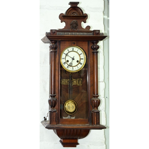 552 - A walnut Vienna wall clock with enamel dial, c1930, 78 x 32cm