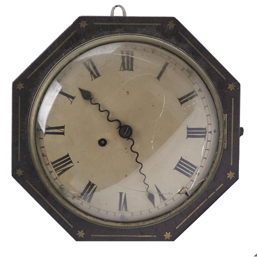 555 - A Victorian brass inlaid octagonal rosewood wall timepiece,  the slightly convex painted dial with s... 