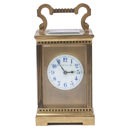 556 - A French brass carriage clock, early 20th c, Collingwood & Sons, with primrose enamel dial and g... 