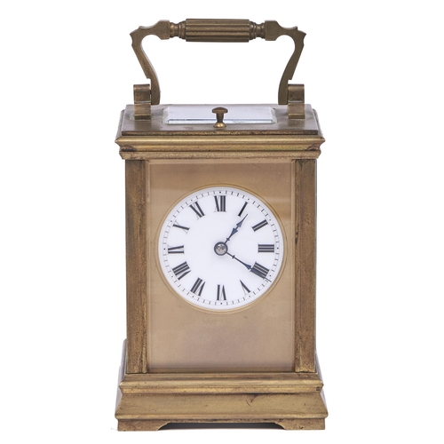 557 - A French brass carriage clock, c1900, the movement with silvered platform lever escapement and strik... 